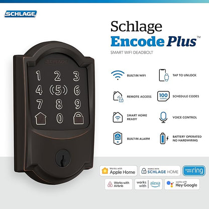 Schlage Encode Plus Smart Wi-Fi Lock for Front Door, Keyless Entry Deadbolt, Unlock with Apple Watch, Built-in WiFi and App Control, Easy Install, Alexa & Apple HomeKit Compatible, Aged Bronze