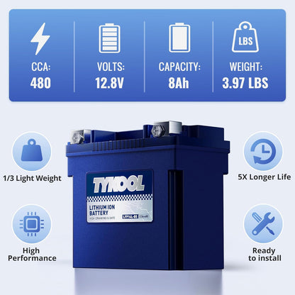 TYKOOL YTX14L-BS 3X Cranking Amps,5X Life, Lithium LiFePO4 Motorcycle Battery,12V 8Ah,480CCA,Digital Readout, Built in BMS,Powersports Battery, Compatible for Harley-Davidson, BRP (Sea-doo) Spark 900