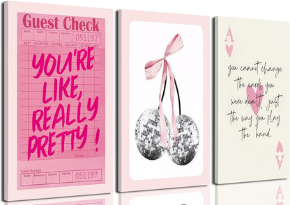 Pink Preppy Wall Art Framed Set of 3 Trendy Coquette Disco Cherry Posters Retro Guest Check Canvas Prints Poker Painting Positive Quote Pictures Room Decor Aesthetic for Girls Bedroom Dorm 12x16in