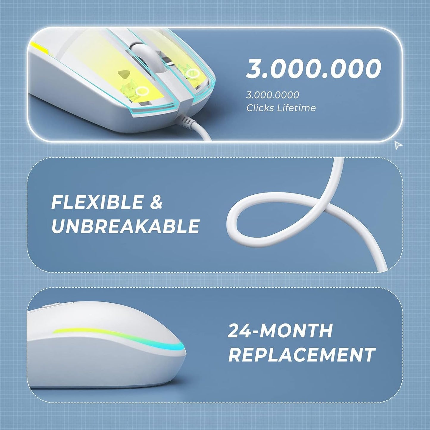 Seenda Wired RGB Backlit Optical LED Mouse - USB Cord for Laptops, Notebooks, Chromebook (White)