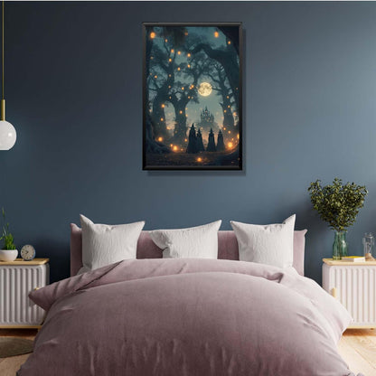 JFHCQJPK Mysterious creek painting witch and castle in magic forest art print canvas gothic print dark college decoration poster for home bedroom12x16in Metal blackFramed