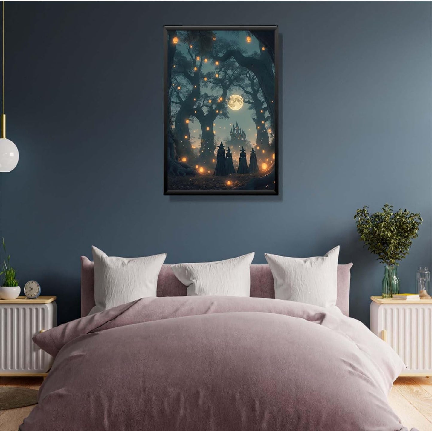 JFHCQJPK Mysterious creek painting witch and castle in magic forest art print canvas gothic print dark college decoration poster for home bedroom8x12in Metal blackFramed