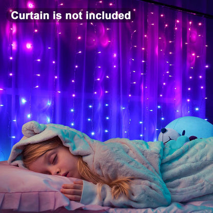 Pink Purple & Blue Ombre LED Curtain Lights with Remote, Rainbow Waterfall String Lights Ombre Hanging Fairy Mermaid Light for Teen Room, Girls Room, Mernaid, Bedroom, Birthday, Cute Halloween Décor