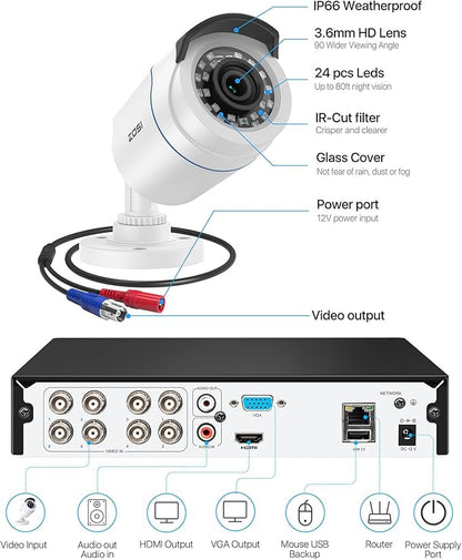 ZOSI 1080P H.265+ Home Security Camera System with AI Human Vehicle Detection, 5MP 3K Lite 8 Channel CCTV DVR Recorder with 2TB Hard Drive and 8 x 1080p Surveillance Bullet Camera Outdoor Indoor