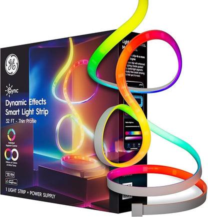 GE Cync Dynamic Effects Smart LED Light Strip with Music Sync, Color Changing WiFi Lights, Indoor Light Strip, Compatible with Alexa and Google Home, 32ft and Power Supply