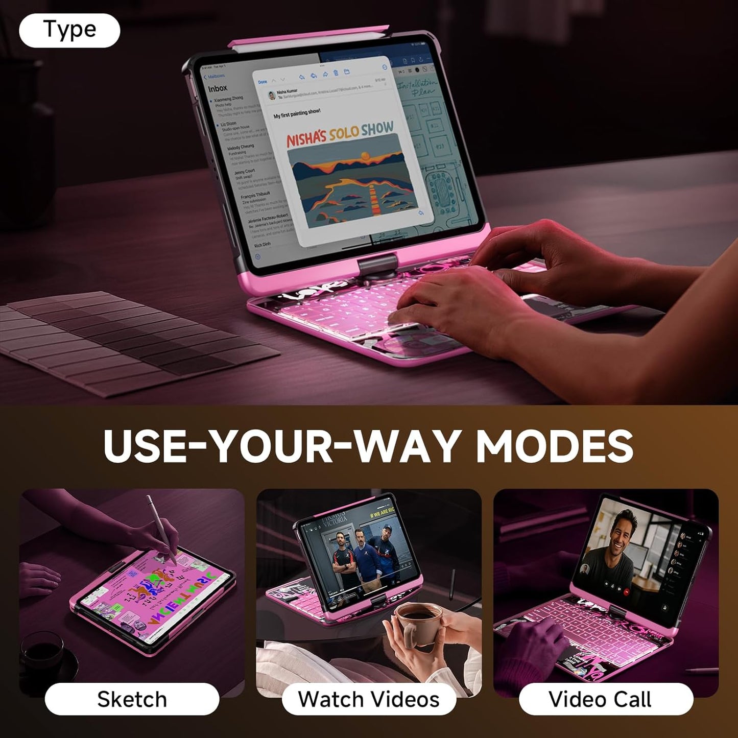 Transparent Case with Keyboard for iPad 9th (7th, 8th, and 9th Gen) 10.2 Inch,with 7-Color Backlit Wireless Keyboard,360°Rotatable Protective Case Multi-Touch Trackpad,with Pencil Holder,Pink