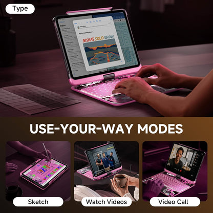 Transparent Case with Keyboard for iPad 9th (7th, 8th, and 9th Gen) 10.2 Inch,with 7-Color Backlit Wireless Keyboard,360°Rotatable Protective Case Multi-Touch Trackpad,with Pencil Holder,Pink