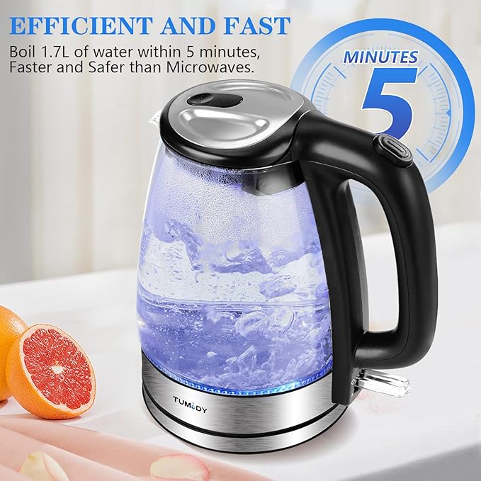 Glass Electric Kettle,1.7L Hot Water Boiler LED Lights, Comfy Touch Handle Wide Opening Cordless Tea Heater for making Tea Coffee (12872)