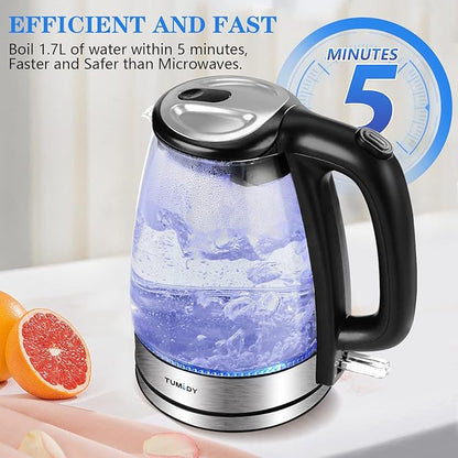 Glass Electric Kettle,1.7L Hot Water Boiler LED Lights, Comfy Touch Handle Wide Opening Cordless Tea Heater for making Tea Coffee (12872)