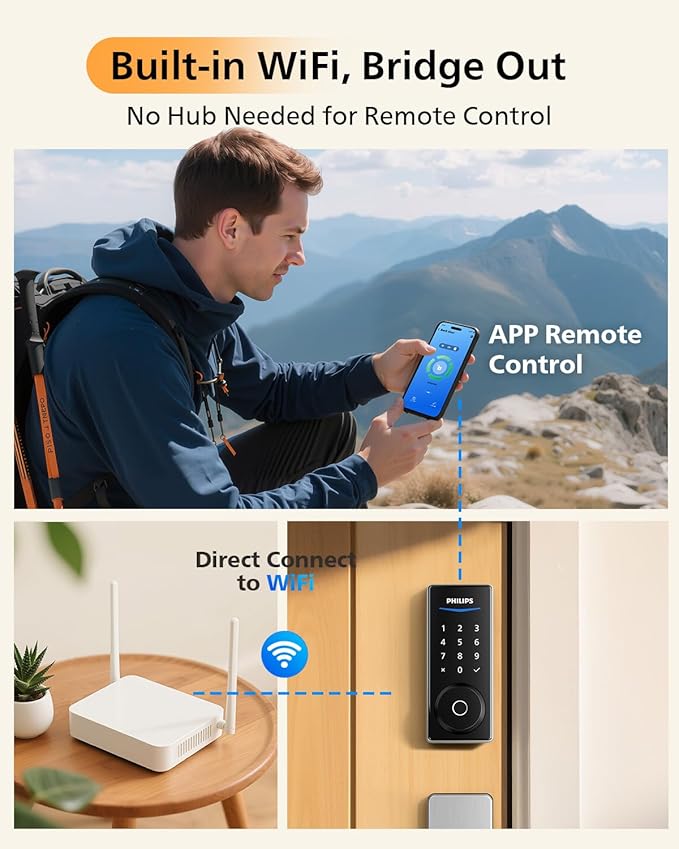 Philips WiFi Smart Lock with Front Door Handle Set, Built-in WiFi, APP Remote & Voice Control, Fingerprint Keyless Entry Door Lock, Keypad Deadbolt Smart Locks for Front Door, Auto-Lock, Satin Nickel