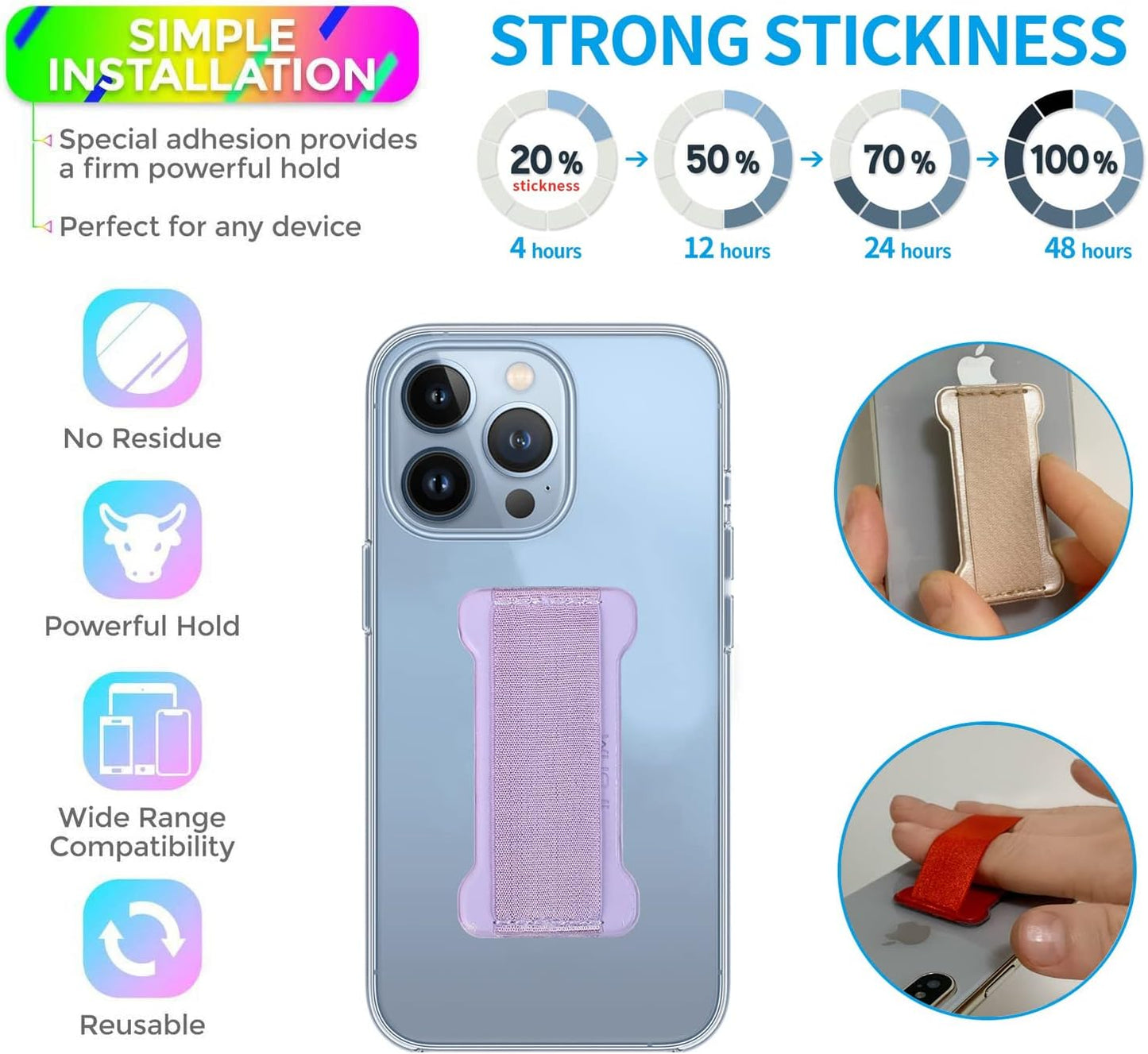 Phone Grip Holder for Hand, Universal Finger Strap Phone Holder, Finger Selfie Grip Compatible with Most Smartphones (Purple) - 2Pack