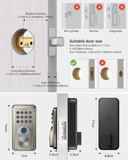 Fingerprint Door Lock - ANYBELL Keyless Entry Smart Lock Deadbolt with Electronic Keypad, App Control & Auto Lock, Easy Install for Front Door - Satin Nickel