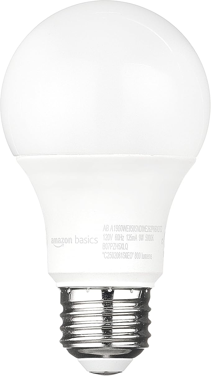 Amazon Basics A19 Dusk to Dawn Sensor LED Outdoor Light Bulb, 60W Equivalent, Energy-Efficient 9W, Daylight 5000K, E26 Base, 10,000 Hours, 2 Count (Pack of 1)
