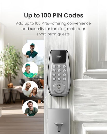 DESLOC C100 Keyless Entry Door Lock with Handle Set, Smart Deadbolt Lock for Front Door with 2 Keys, Auto Lock, 100 PIN Codes, Passage Mode, IP54 Waterproof, 12 Months Battery, Sliver