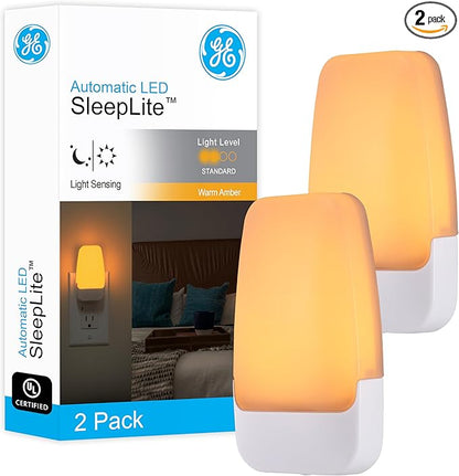 GE Sleeplite Night Lights Plug Into Wall, Dusk to Dawn Sensor, Ambient Lighting, Sleep Aid, Bathroom Décor, LED Lights for Bedroom, Apartment Essentials, Smart Home,76135, Amber, 2 Pack