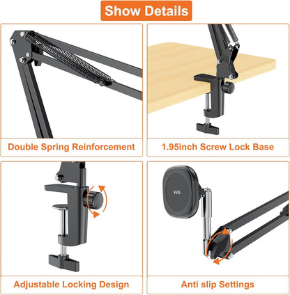 UURIG Overhead Phone Mount Stand with Magsafe, Articulating Arm Cell Phone Holder for Desk, Cell Phone Holder for Live Streams, Zoom Calls, Online Teaching, Selfies, Remote Working