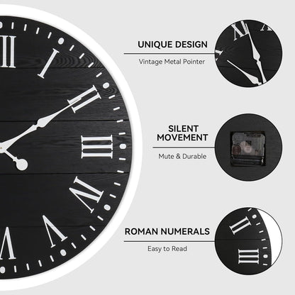 Large Wall Clock with Roman Numeral, 35” Shiplap Wall Clock Farmhouse Nearly Non-Ticking, Round Clock for Living Room Decor, Office, Bedroom, Entrance, Black