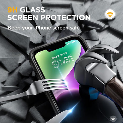 Miracase Glass Series Designed for iPhone 14 Plus Case 6.7 inch, 2023 Upgrade Full-Body Clear Bumper Case with Built-in 9H Tempered Glass Screen Protector and Camera Lens Protector,Black