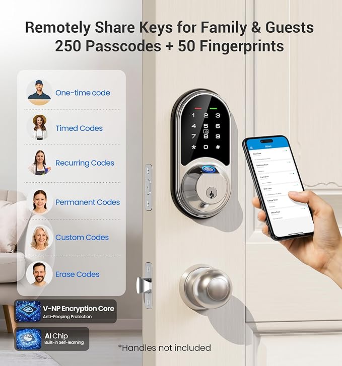 Veise RZ07 Fingerprint Smart Lock, 7-in-1 Smart Locks for Front Door, Keyless Entry Door Lock with App Control, Biometric Electronic Touchscreen Keypad Deadbolt, Satin Nickel
