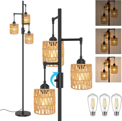 3-Light Boho Floor Lamp for Living Room, Rattan Wicker Standing Lamp Palm Tree Design, Farmhouse Coastal Floor Light with Woven Shade, Tall Bohemian Lamp