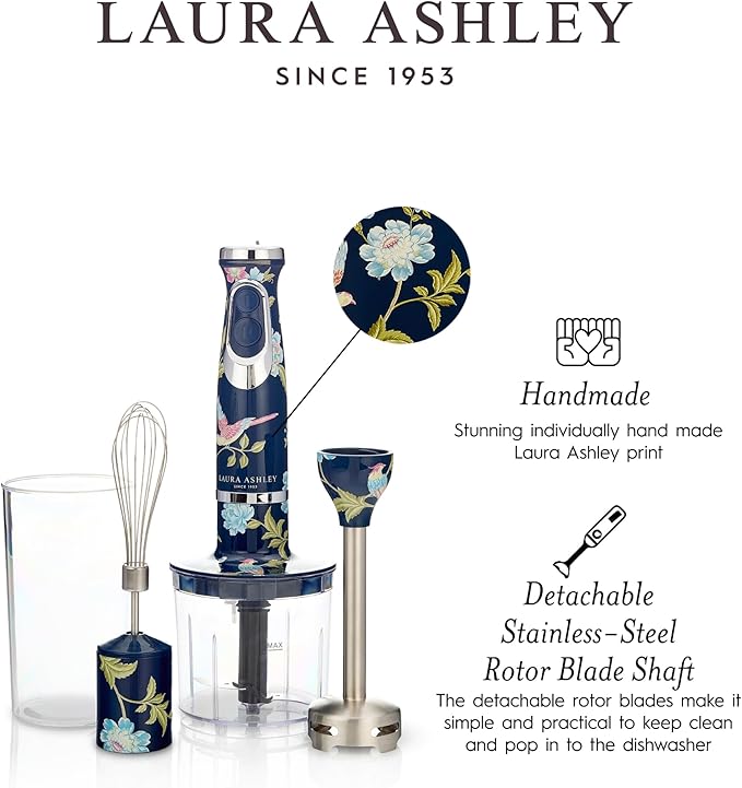 Laura Ashley 150W Immersion Blender Handheld - 4 in 1 Electric Hand Blender for Kitchen with Durable Stainless Steel Blades, Whisk & 300ml Mixing, Pouring Cup - 2 Speed Modes Hand Held Stick Blender