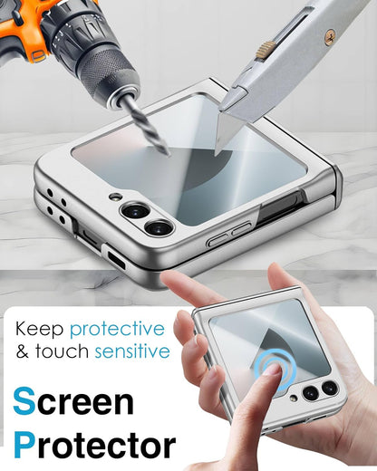 STORMTAL for Samsung Galaxy Z Flip 6 Case/Z Flip 7 FE Case, Hinge Protection, Built-in Screen Protector, Wireless Charging, Slim Rugged Phone Protective Case for Galaxy Z Flip 6 Silver