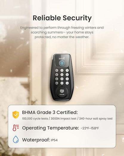 DESLOC C110 Keyless Entry Door Lock with Fingerprint - Smart Deadbolt Lock for Front Door with 2 Keys - Auto Lock - Easy Installation, 100 PIN Codes, IP54 Waterproof, BHMA Grade 3, Black