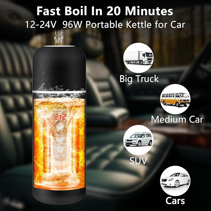 Car Kettle, 12V/24V Portable Electric Travel Kettle 420ML & 304 Stainless Steel Water Boiler with Built-in Magnetic Induction Stirring Temperature Adjustable Bottle Warmer for Tea Coffee Milk
