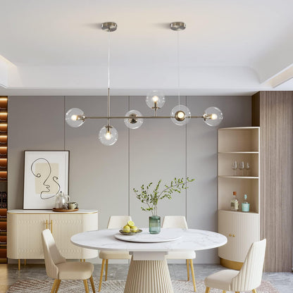 KCO Lighting 6 Light Bubble Glass Pendant Light Mid Century Modern Globe Sputnik Chandelier Linear Chandelier Lighting Brushed Nickel Hanging Light Fixture for Kitchen Island Dining Room