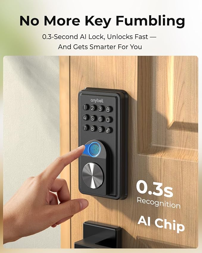 Smart Door Lock, ANYBELL Keyless Entry Door Lock Fingerprint with Keypad Smart Deadbolt for Home, Rental, Office and Hotel TUYA Remote Control, Black