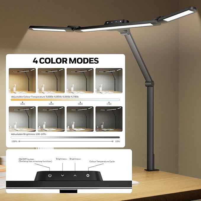 Honeywell Wide Desk Lamp with Clamp for Dual Monitors,22W Full-Spectrum Eye-Caring LED Light Bar for Home Office, 3-Section Adjustable Design with Stepless Dimming