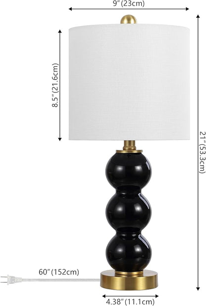 JONATHAN Y 21" Black/Brass Gold Glass Table Lamp for Bedroom and Living Room, White Linen Shade, Modern Stacked Sphere Bedside Lamp, LED Bulb Included (JYL1021E)
