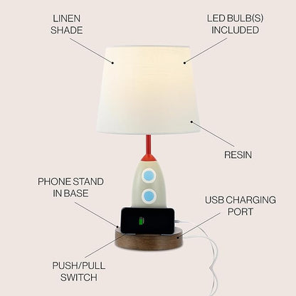 JONATHAN Y 17.5" Multi-Color Rocket LED Kids' Table Lamp with USB Charging Port and Phone Stand, Mid-Century Resin Space-Themed Lamp for Bedroom, LED Bulb Included JYL6310A