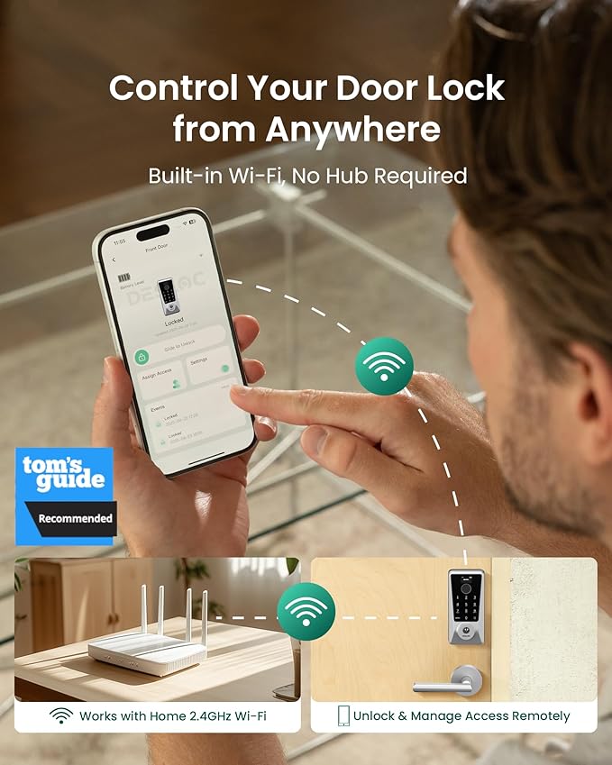 DESLOC WiFi Smart Lock D110 Plus, Built-in Wi-Fi No Hub Needed, Fingerprint Keyless Entry Front Door Lock, Touchscreen Keypad Deadbolt, Remote Control, Auto Lock, Anti-Peep PIN, BHMA, Alexa Compatible