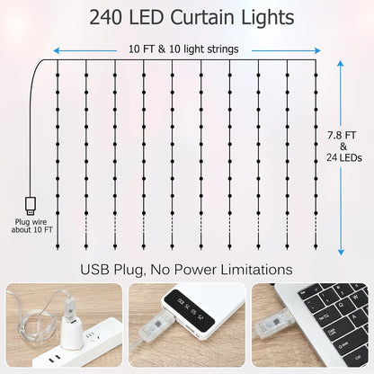 LED Curtain Lights, 9.8ft x 7.8ft 240 LED RGB Color Changing String Fairy Lights Curtain-Smart APP Control, Music & Voice Sync for Bedroom Backdrop Indoor Outdoor Christmas Decorations