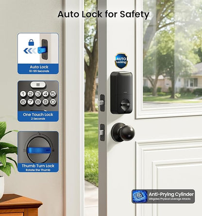 Veise Fingerprint Door Lock with 2 Knobs - Keyless Entry Door Lock with Handle, Electronic Keypad Deadbolt, Smart Front Handle Set, Auto-Locking, Waterproof, Easy Installation, Matte Black
