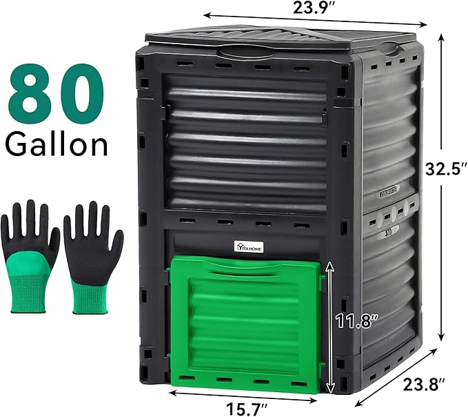 YITAHOME Large Outdoor Compost Bin, 80 Gallon (300L) Composter Box with Snap-on Top Lid and Aeration System, Lightweight Garden Compost Barrel Tumbler, Easy Assembly, BPA Free, Green