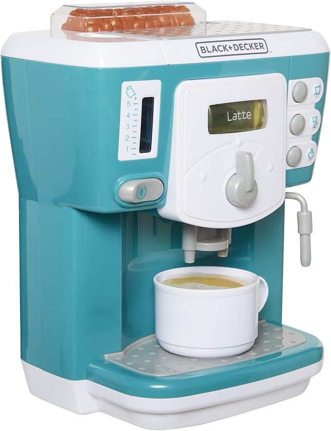 BLACK+DECKER Junior Coffee Maker Role Play Pretend Kitchen Appliance for Kids with Realistic Action, Light and Sound - Plus Toy Coffee Mug for Imaginary Brewing Fun