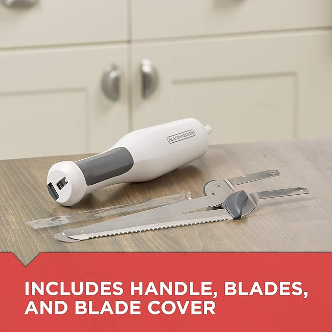 BLACK+DECKER 9 inch Electric Carving Knife, Comfort Grip Handle & Safety Lock Button, Stainless Steel Blades and Dishwasher Safe Parts, Corded, White
