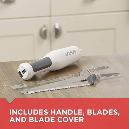 BLACK+DECKER 9 inch Electric Carving Knife, Comfort Grip Handle & Safety Lock Button, Stainless Steel Blades and Dishwasher Safe Parts, Corded, White