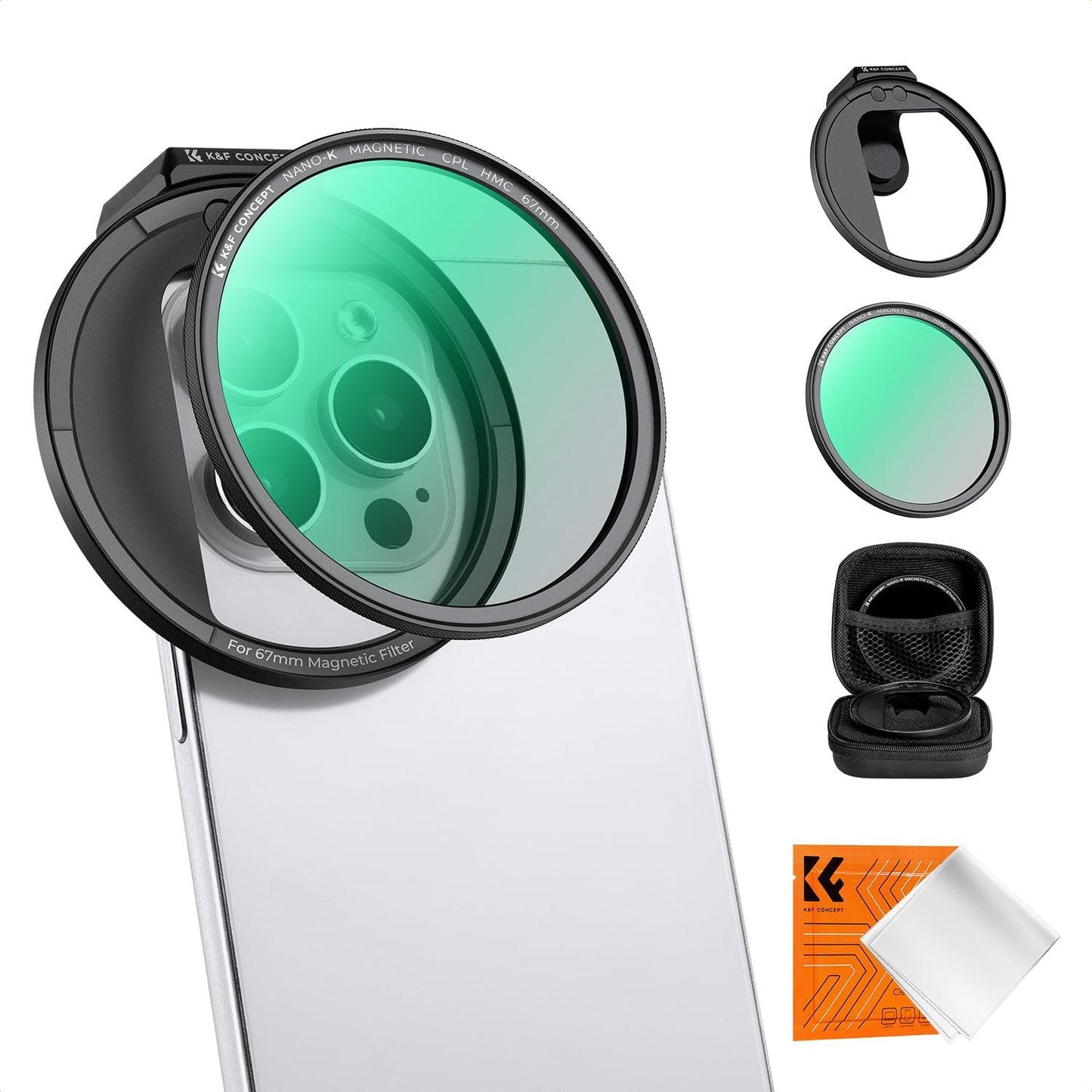 K&F Concept Clip On 67mm CPL Magnetic Phone Lens Filter Kit, Phone Clip with Magnetic Adapter Ring/Cold Shoe/Locking Knob, Polarizer Filter for iPhone 16 15 Pro Max 14 13
