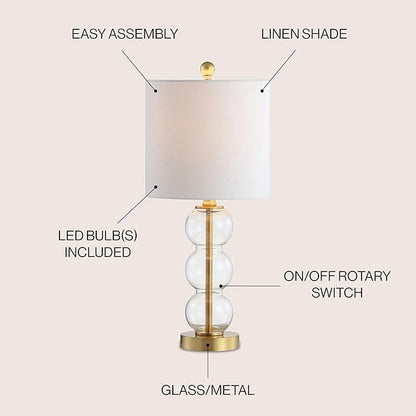 JONATHAN Y 21" Clear/Brass Gold Glass Table Lamp for Bedroom and Living Room, White Linen Shade, Modern Stacked Sphere Bedside Lamp, LED Bulb Included (JYL1021B)