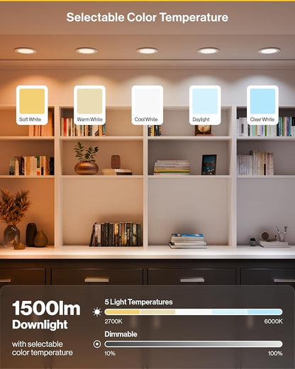Sunco 6 Inch LED Recessed Light with Night Light, Canless Recessed Lighting, 1500 LM, 15W (150W Equivalent), Selectable CCT 2700K/3000K/4000K/5000K/6000K, Dimmable, with Junction Box 4 Pack.