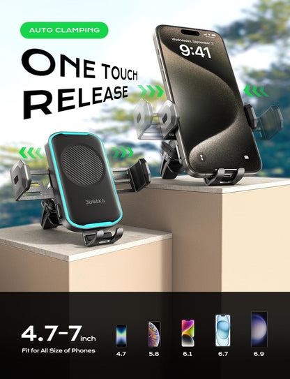 Wireless Car Charger, 15W Fast Charging Auto Clamping Car Phone Holder Mount, [Vent Clip+Suction Cup] Car Phone Holder Wireless Charger with iPhone 16/15/14/13, for Samsung Galaxy Series