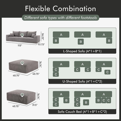 Boneless Sectional Cloud Couch Sofa Bed for Living Room, 112" Modular Modern Lounge 3 Seater Sleeper Grey Couches with Chaise, No Assemble, Cordury Compression Upholstered Sofas