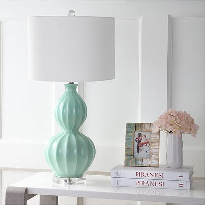 JONATHAN Y 28" Seafoam Green Fluted Ceramic Gourd LED Table Lamp, Midcentury Glam Bedside Lamp for Living Room Bedroom, White Linen Drum Shade, LED Bulb Included JYL5015A