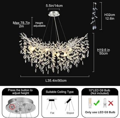 Modern Crystal Silver Chandelier, 36" Large Rectangular Oval Tree Branch Crystal Chandeliers for Dining Room,16-Light Flush Mount K9 Crystal Chandeliers, for Kitchen Island,Dining Room