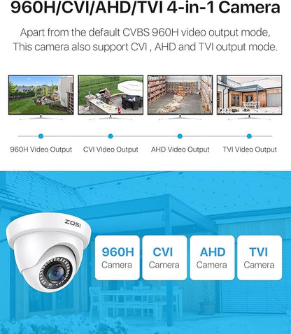 ZOSI 2MP 1920TVL Hybrid 4 in 1 TVI CVI AHD CVBS Security Camera,1080P HD Weatherproof Outdoor Indoor Surveillance Cam,Night Vision,For 960H,720P,1080P,5MP,4K analog DVR - White