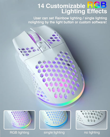 SM600 White Wireless Gaming Mouse,8000 DPI Tri-Modes BT5.1/Type-C Wired/2.4G Wireless Mouse with 2 Side Buttons, Programmable Macro Gamer Mouse with RGB Light for Laptop/PC/Mac