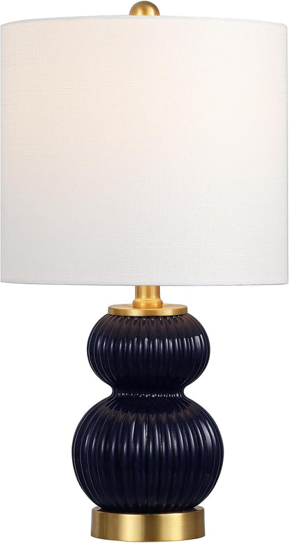 JONATHAN Y 20" Navy/Brass Gold Ribbed Gourd Glass Table Lamp, Modern Bedside Lamp for Bedroom Living Room, White Linen Drum Shade, LED Bulb Included (JYL1099D)